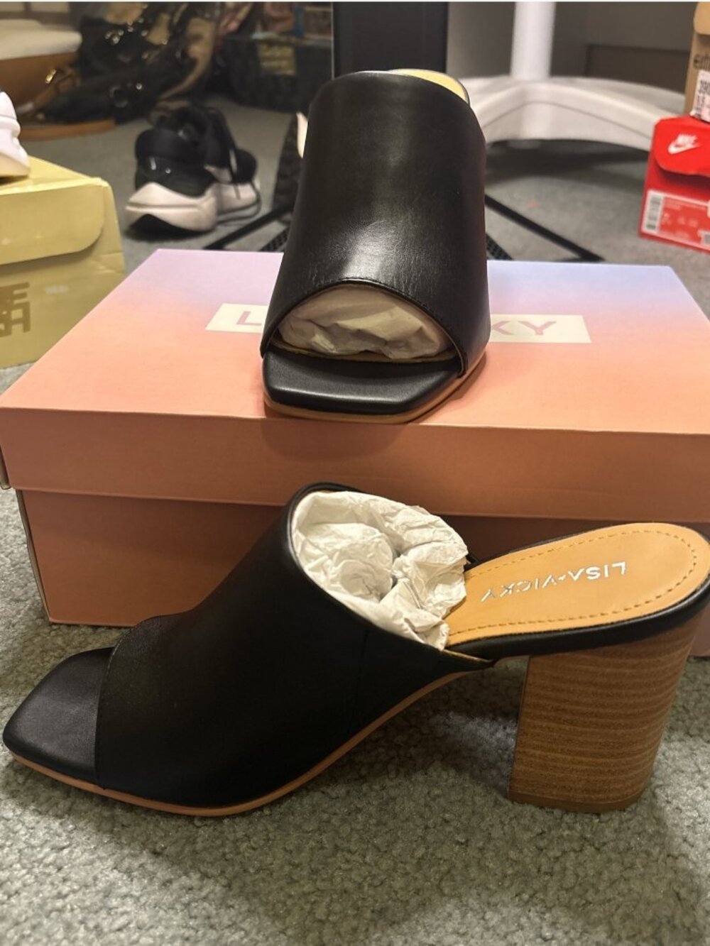 Lisa Vicky Virtue-V Black Leather Sheep Nappa Block Heel Slide Mule Womens 7.5